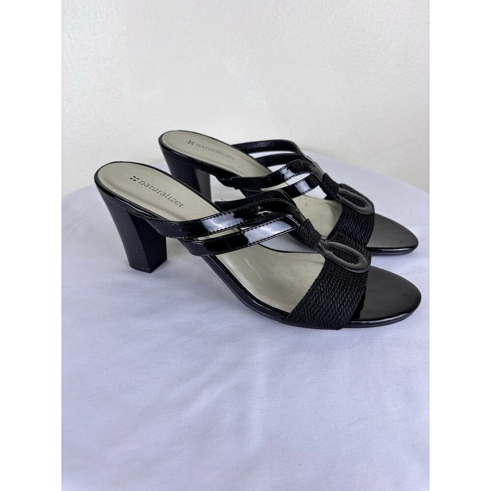 Naturalizer Comfort Heels Sz 11 Womens Patent Black Slide Sandals Block Heel